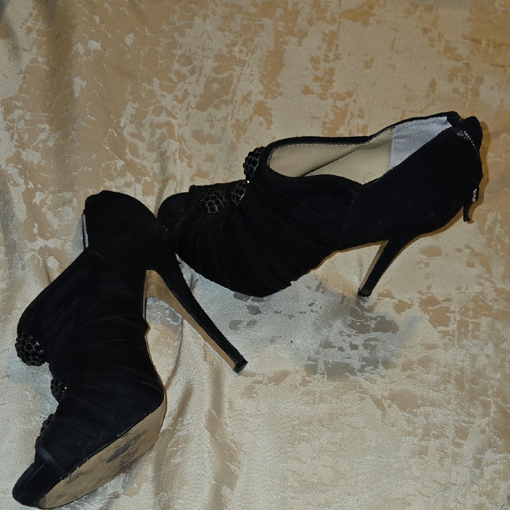 Betsey Johnson Black Suede Silk Peep-Toe Platforms